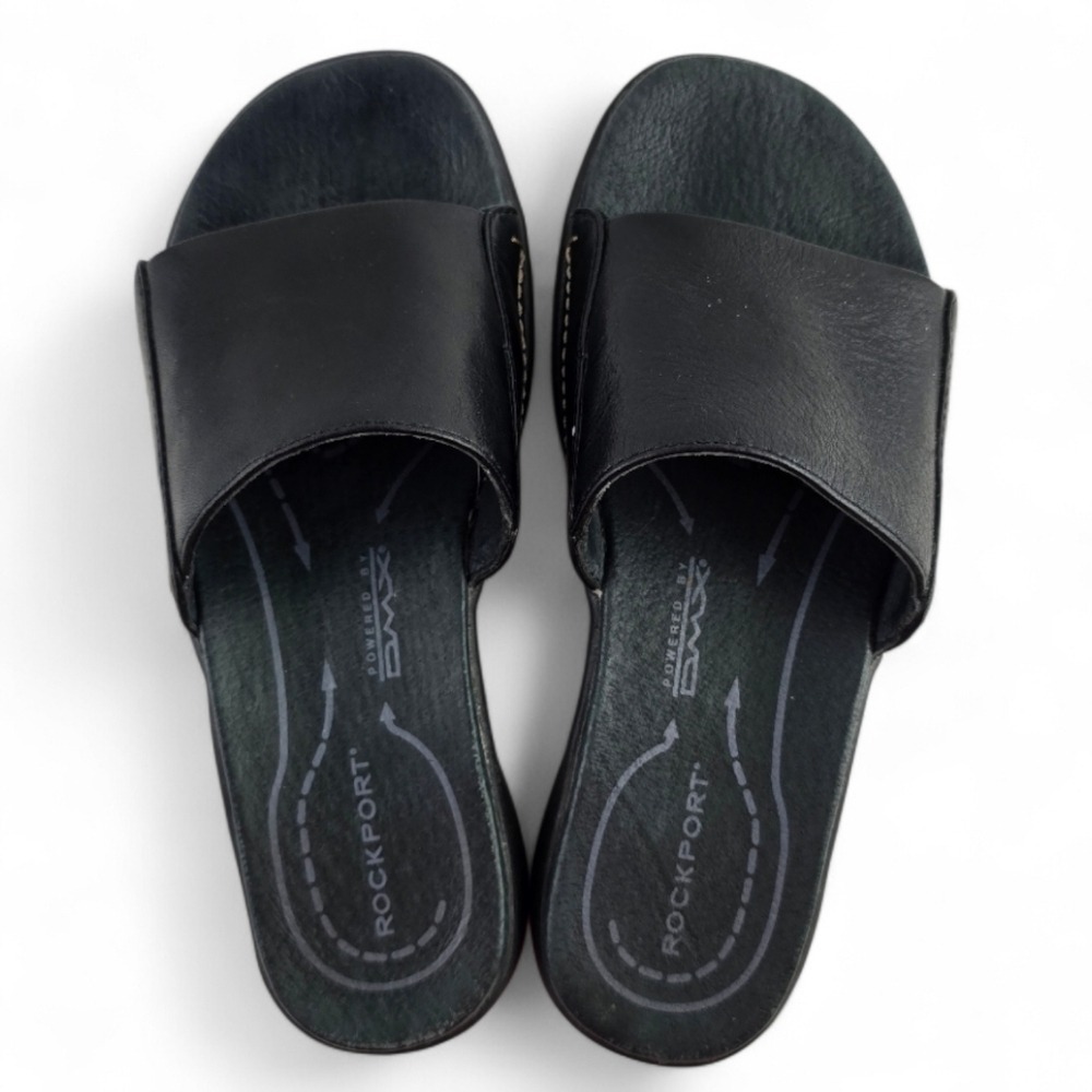 Rockport DMX Women's Black Leather Slide Sandals White Stitch Lightweight 5M